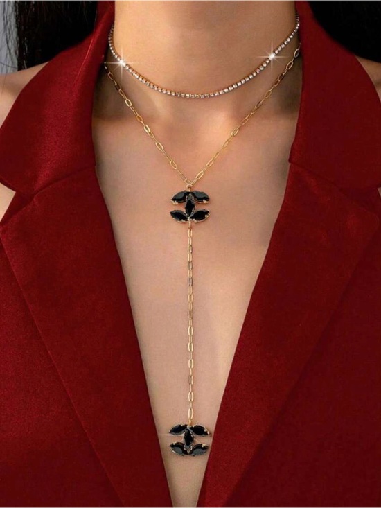 Jewelry - Gold Y Necklace with Black Stone Motifs - Women Jewelry
